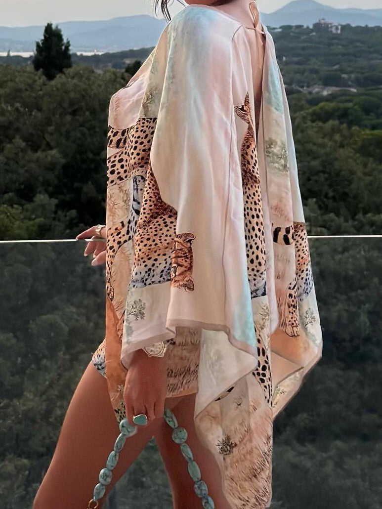 Abstract Animal Print Kimono Sleeve Short Set