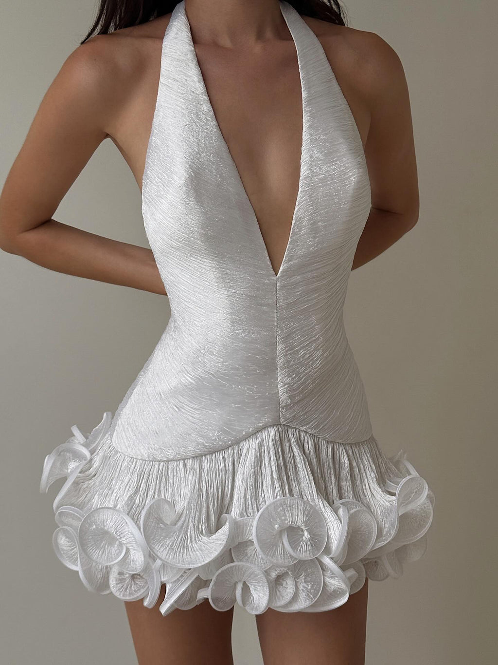 White Halter Ruffle Hem Mini Dress
