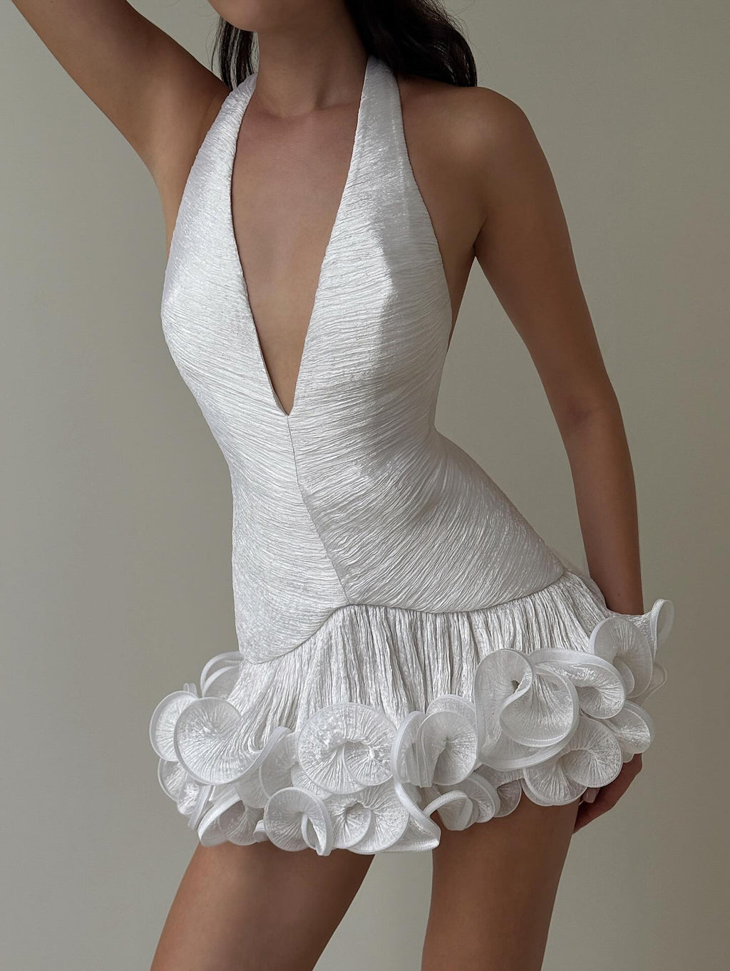 White Halter Ruffle Hem Mini Dress