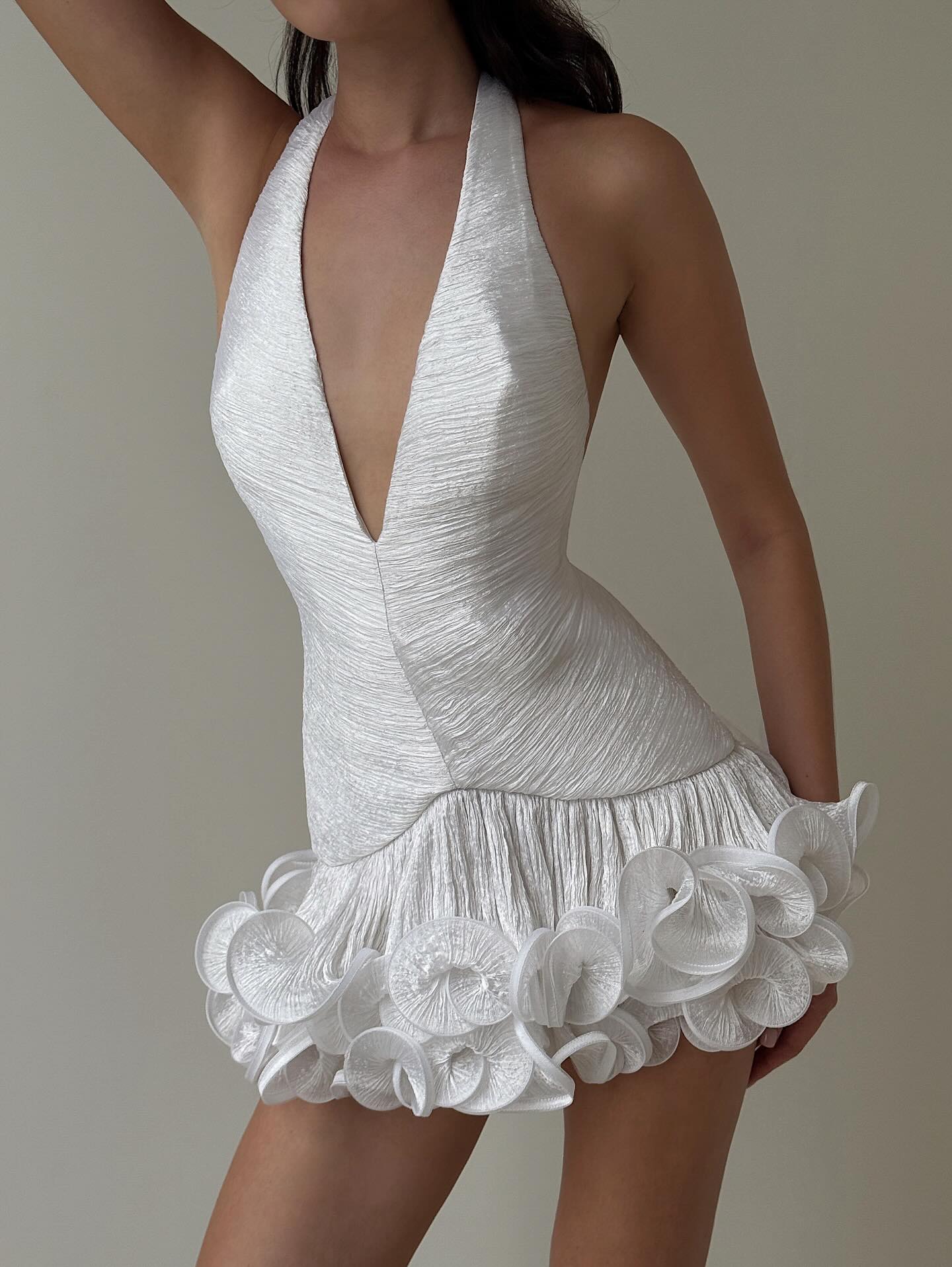 White Halter Ruffle Hem Mini Dress