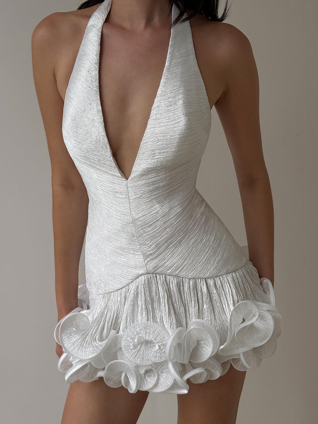 White Halter Ruffle Hem Mini Dress