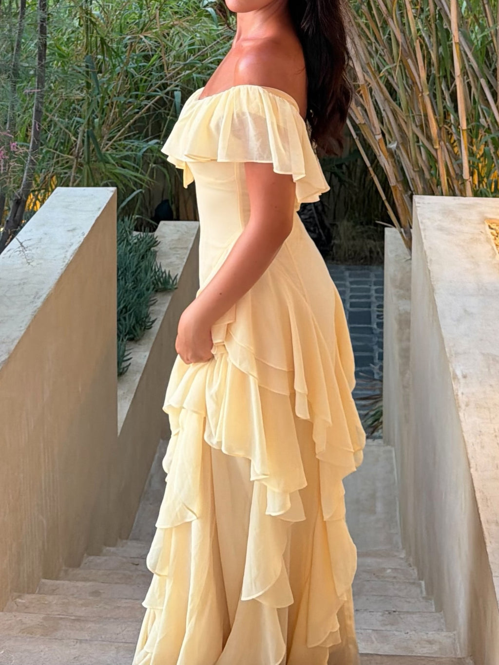 Pale Yellow Off-Shoulder Ruffle Maxi Dress