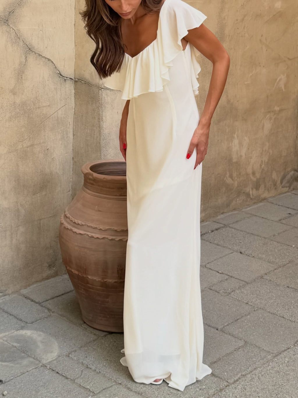 Ivory Ruffle Open-Back Chiffon Maxi Dress