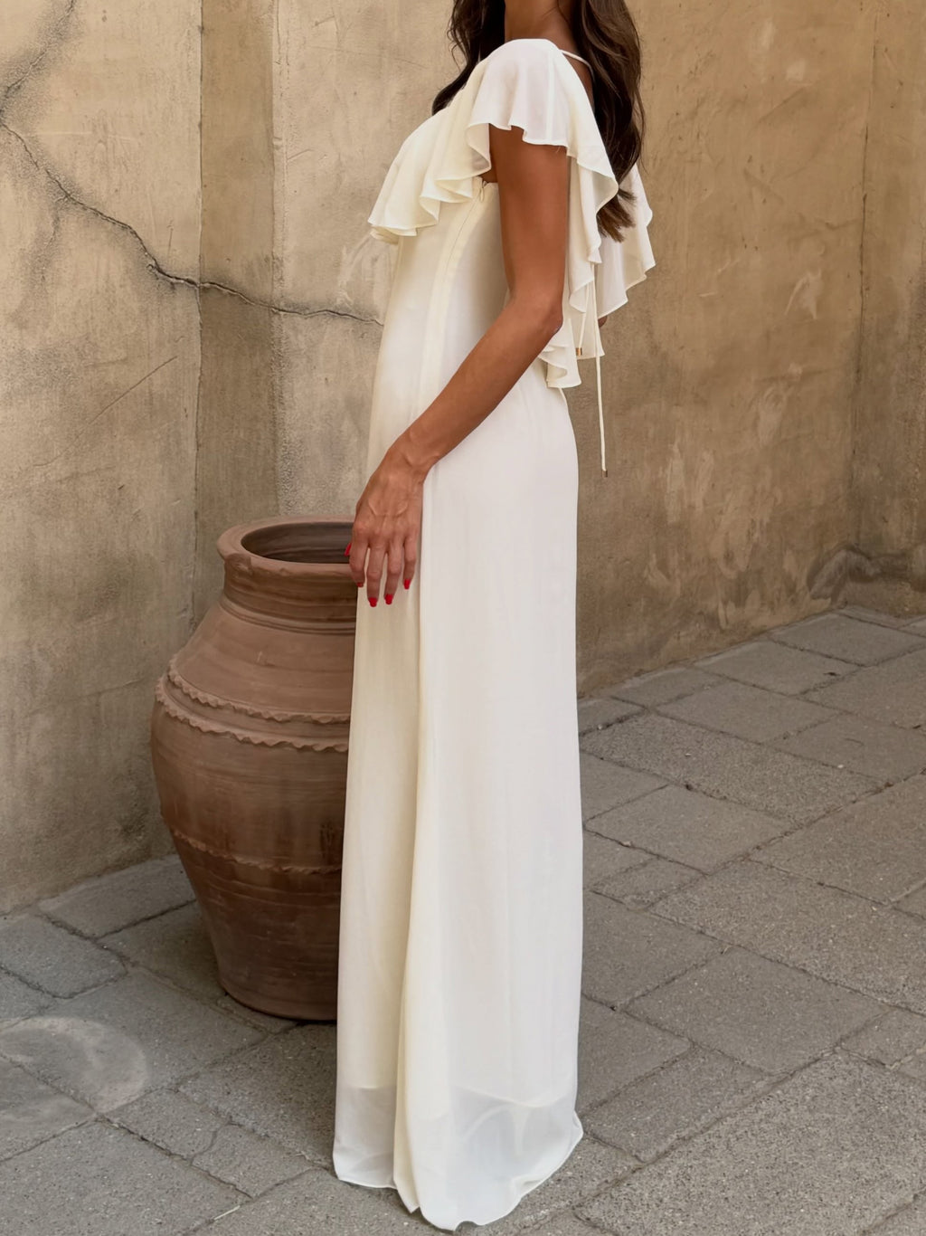 Ivory Ruffle Open-Back Chiffon Maxi Dress