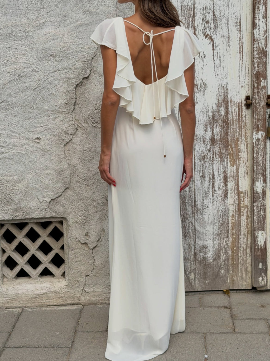 Ivory Ruffle Open-Back Chiffon Maxi Dress
