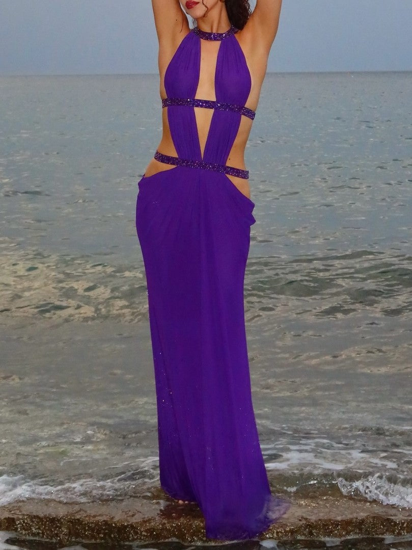 Purple Glitter Cutout Halter Mesh Maxi Dress