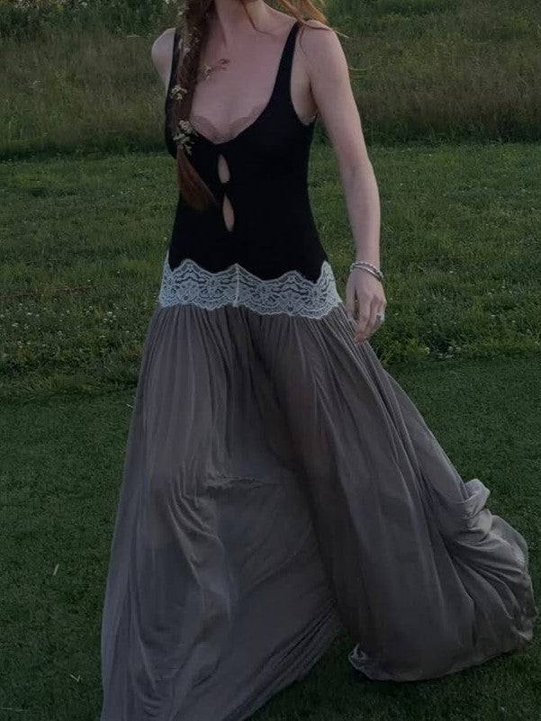 Black Cutout Tank Top & Gray Tulle Maxi Skirt Two-Piece Set
