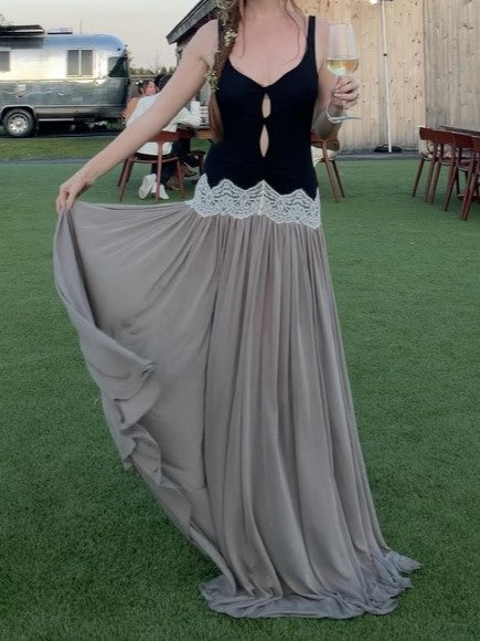 Black Cutout Tank Top & Gray Tulle Maxi Skirt Two-Piece Set