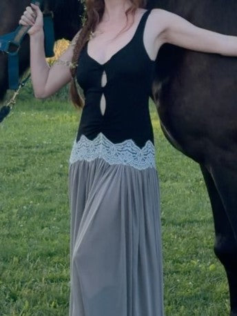 Black Cutout Tank Top & Gray Tulle Maxi Skirt Two-Piece Set
