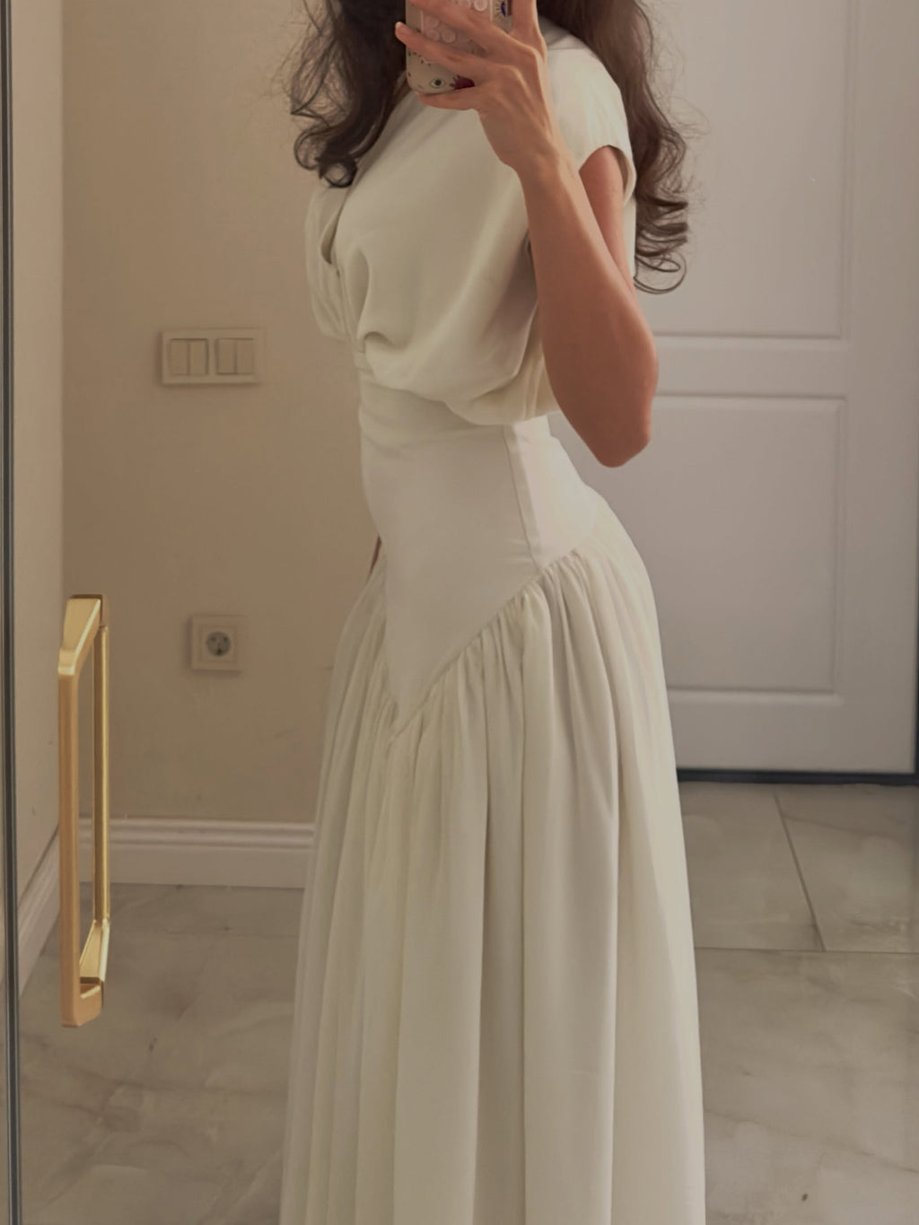 White Draped V-Neck Asymmetrical Ruched Maxi Dress