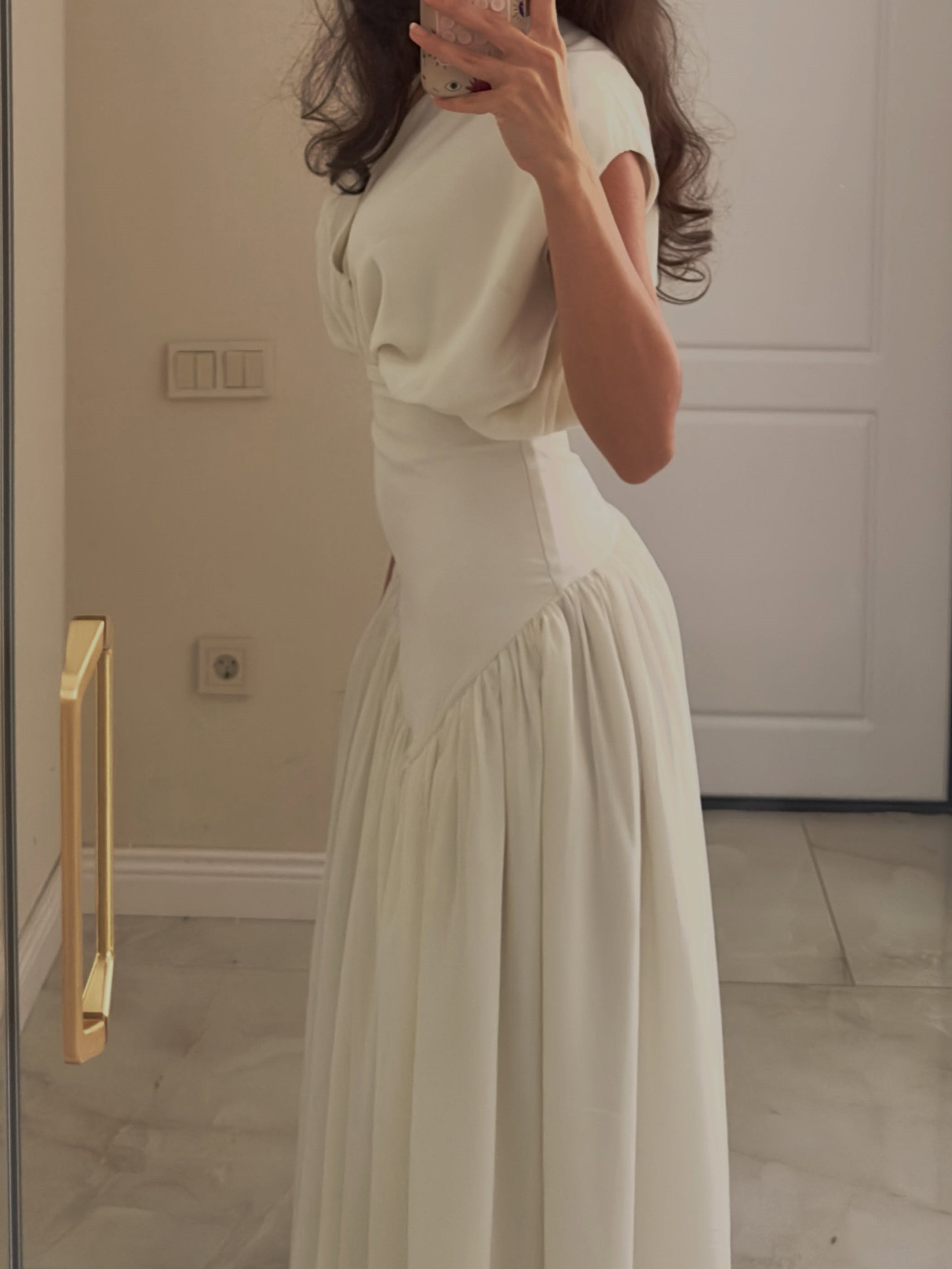 White Draped V-Neck Asymmetrical Ruched Maxi Dress