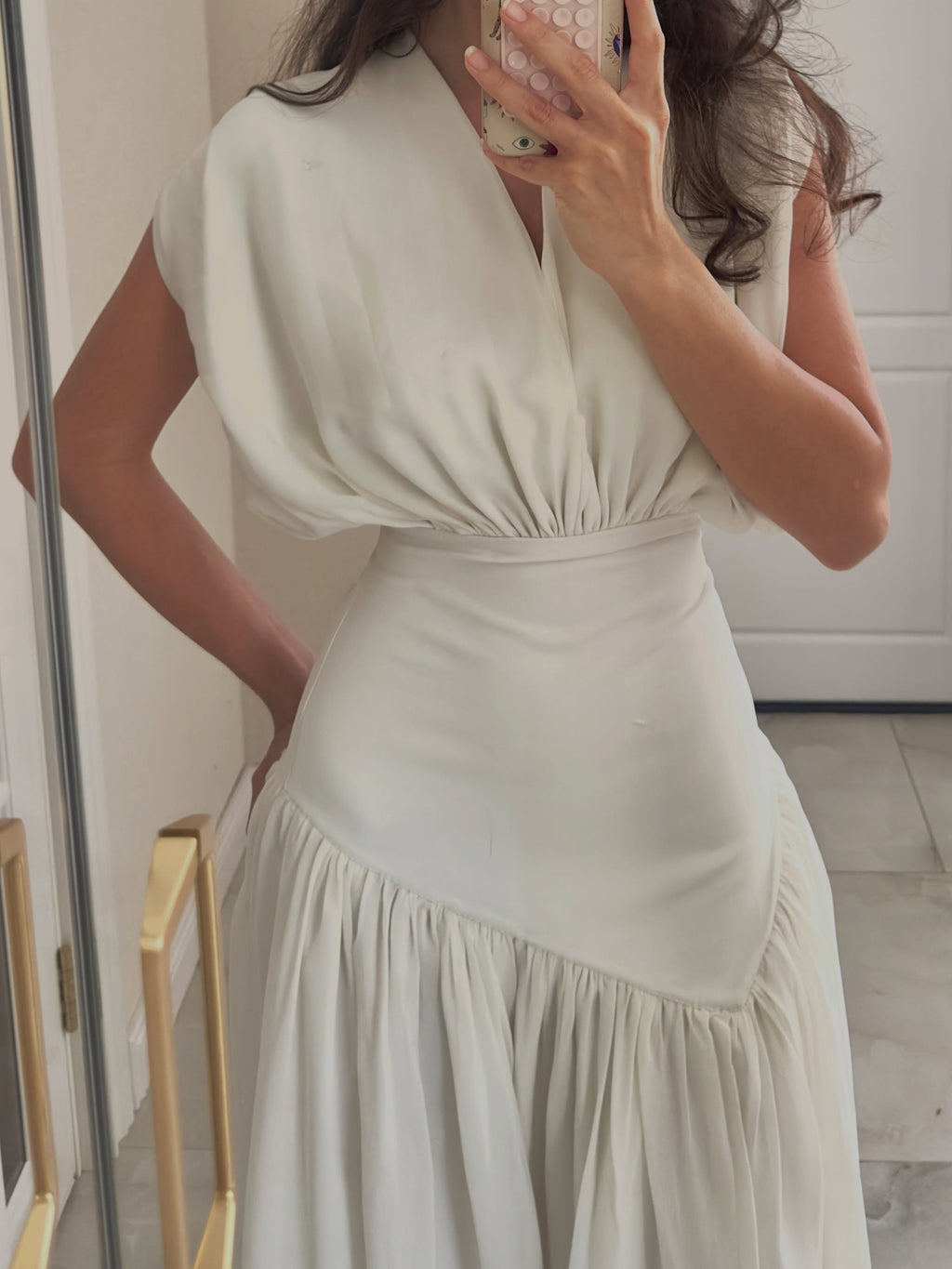White Draped V-Neck Asymmetrical Ruched Maxi Dress