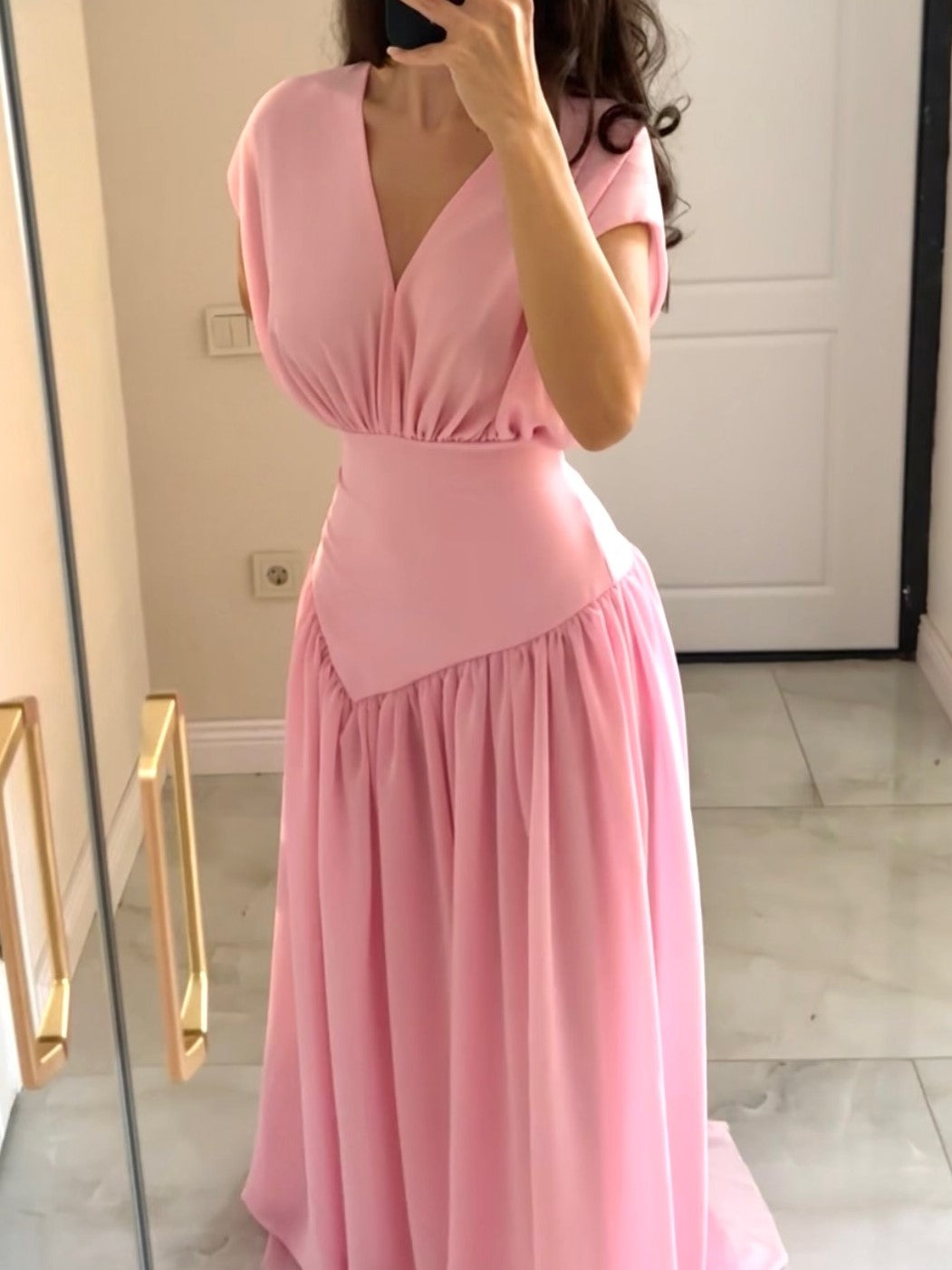 White Draped V-Neck Asymmetrical Ruched Maxi Dress