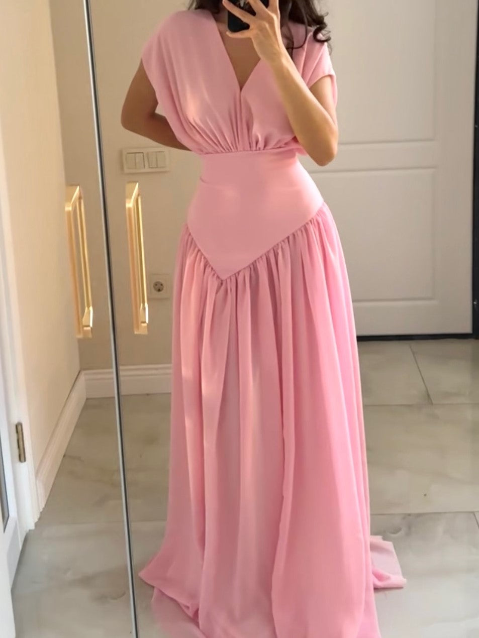 White Draped V-Neck Asymmetrical Ruched Maxi Dress