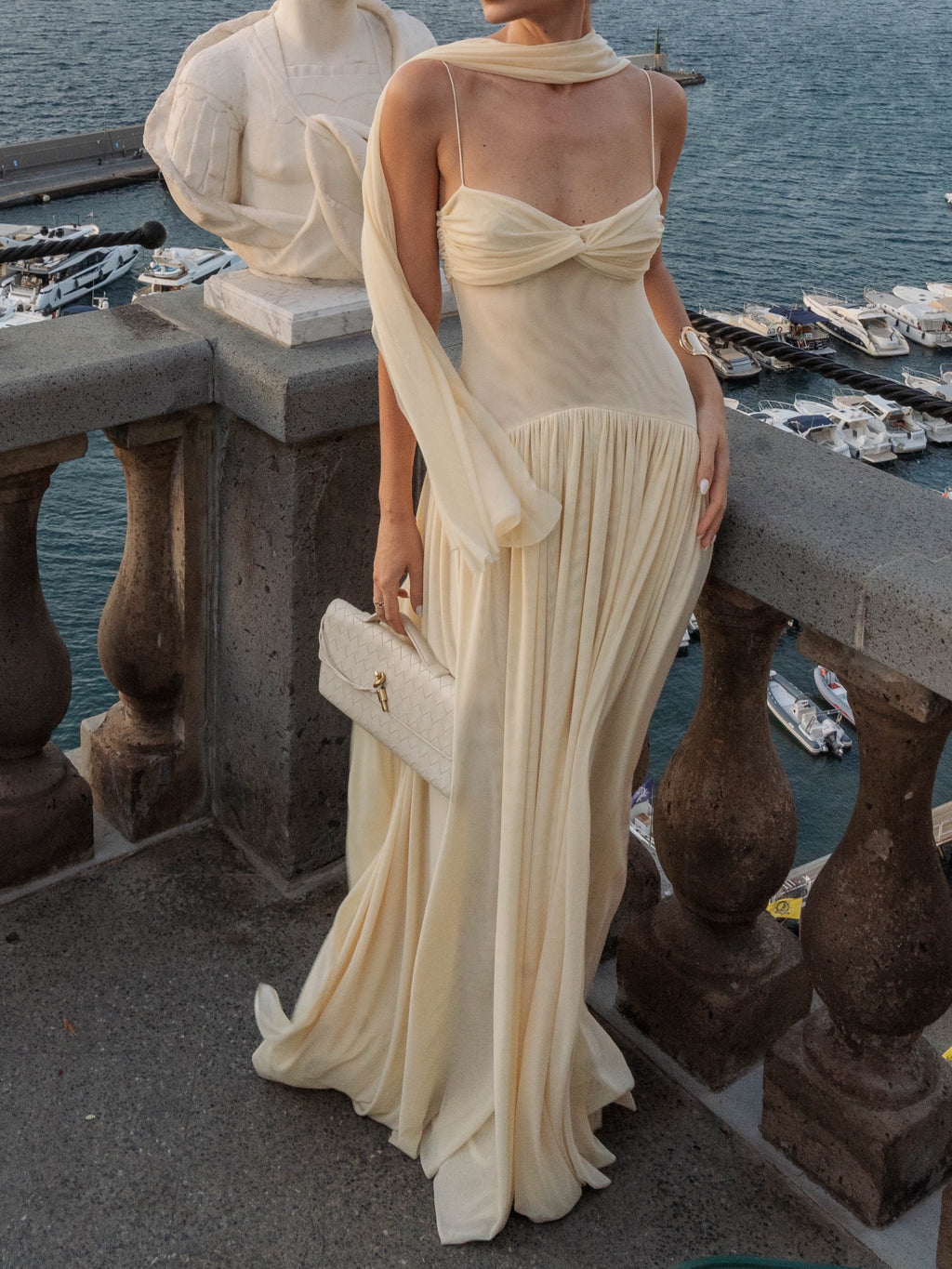 Ivory Gathered Keyhole Cutout Draped Maxi Dress