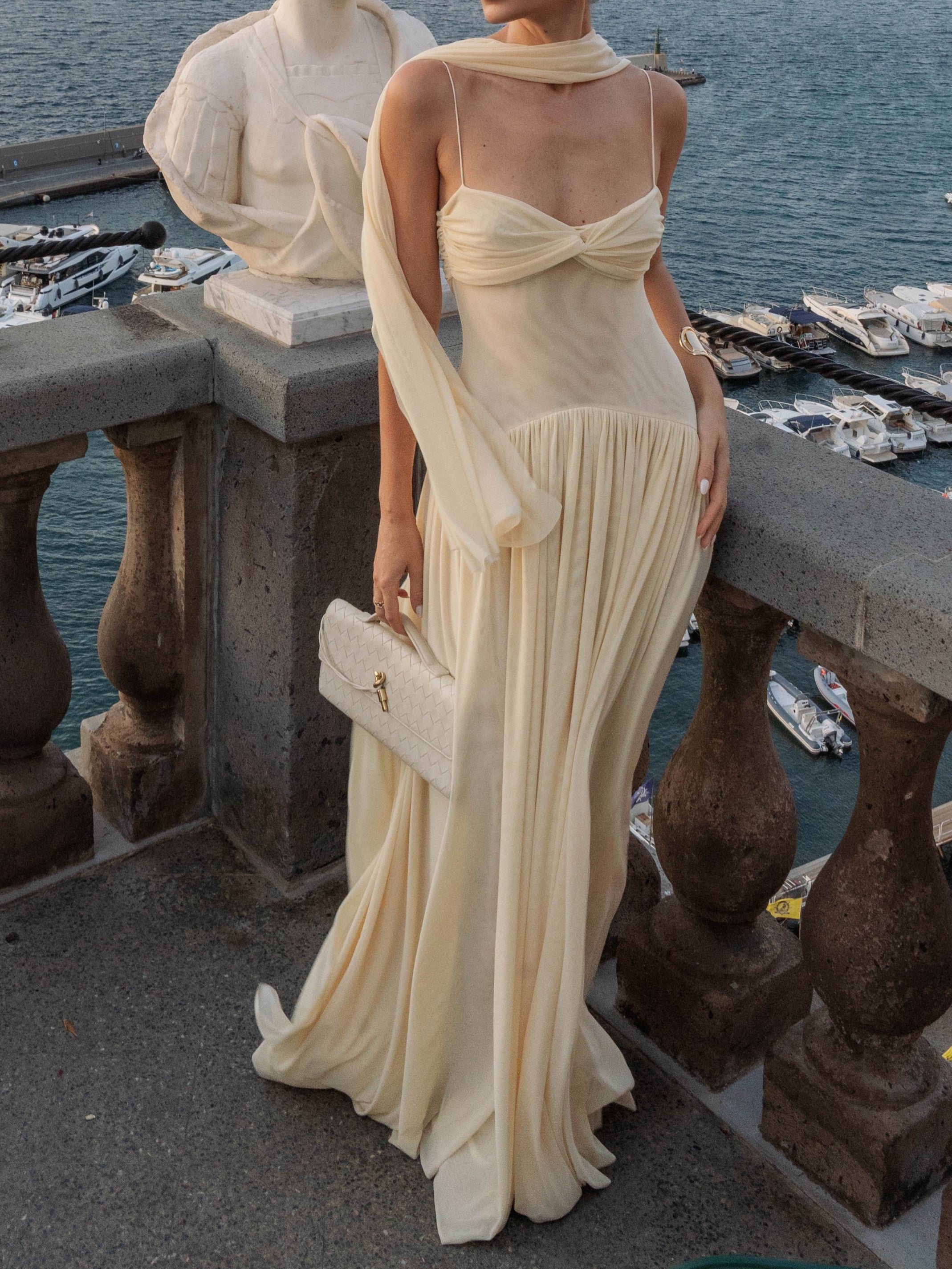 Ivory Gathered Keyhole Cutout Draped Maxi Dress