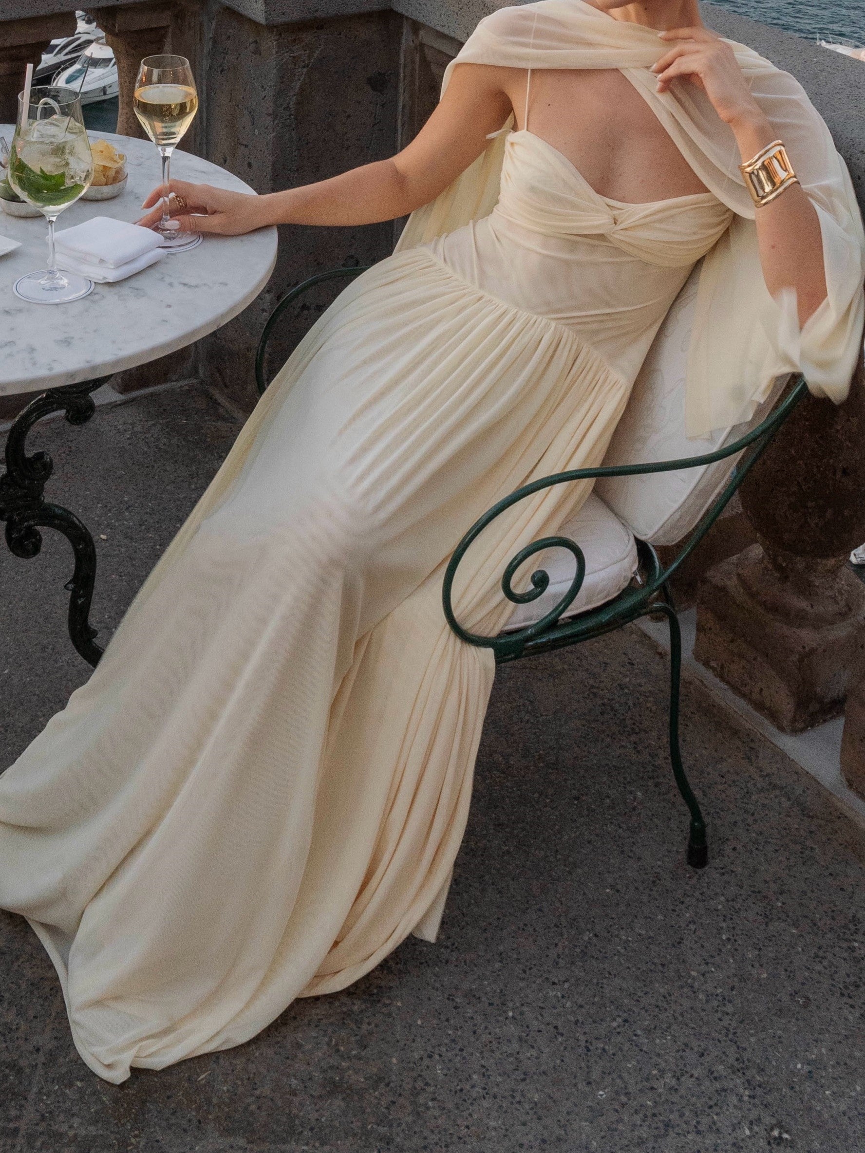 Ivory Gathered Keyhole Cutout Draped Maxi Dress