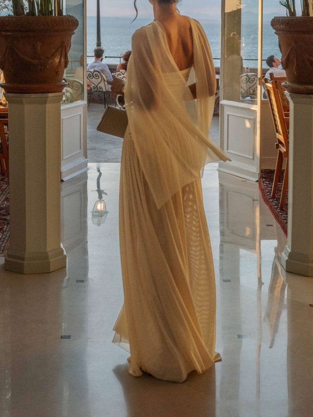 Ivory Gathered Keyhole Cutout Draped Maxi Dress