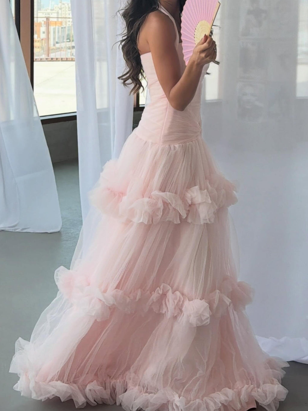 Blush Pink Tiered Tulle Halter Ballgown