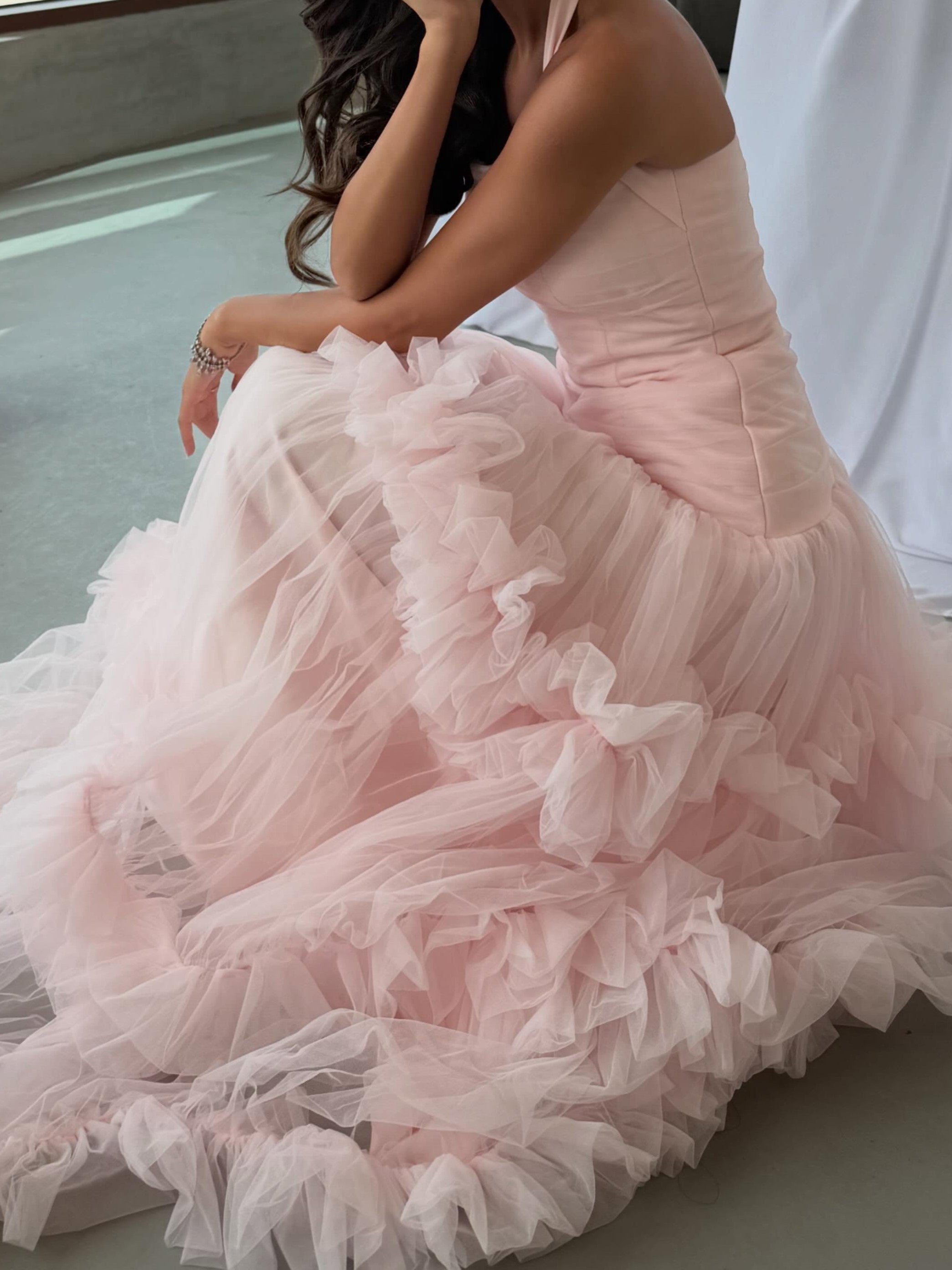 Blush Pink Tiered Tulle Halter Ballgown