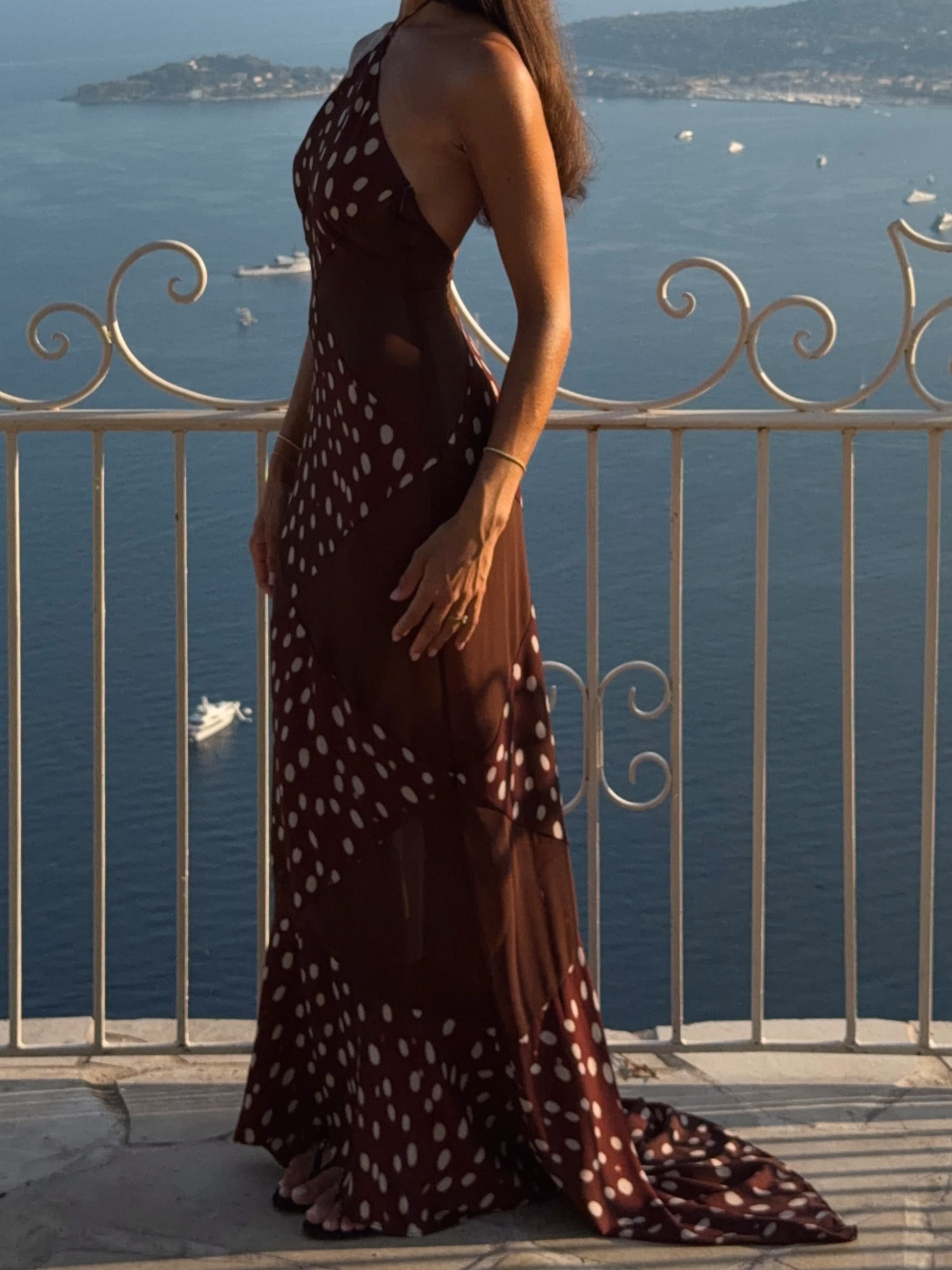 Brown Halter Neck Polka Dot Mermaid Maxi Dress