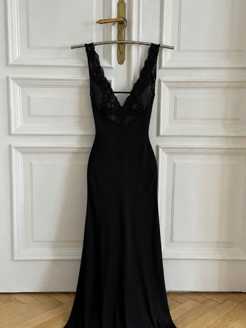 Black Lace Trim Mermaid Maxi Dress