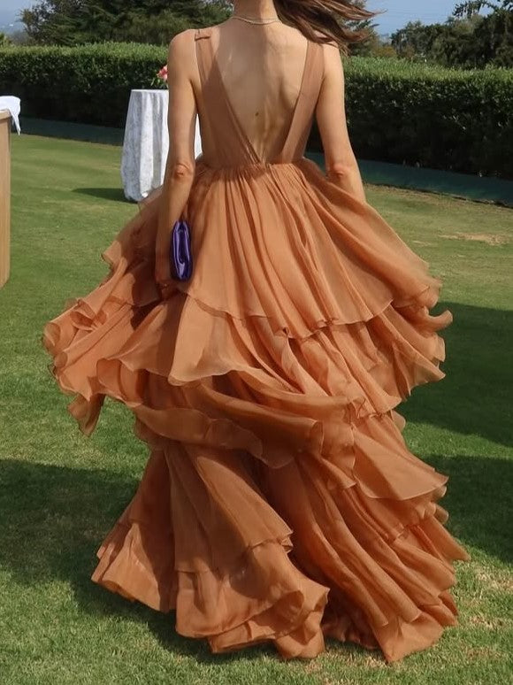 Caramel Tiered Ruffle Deep V-Neck Maxi Dress