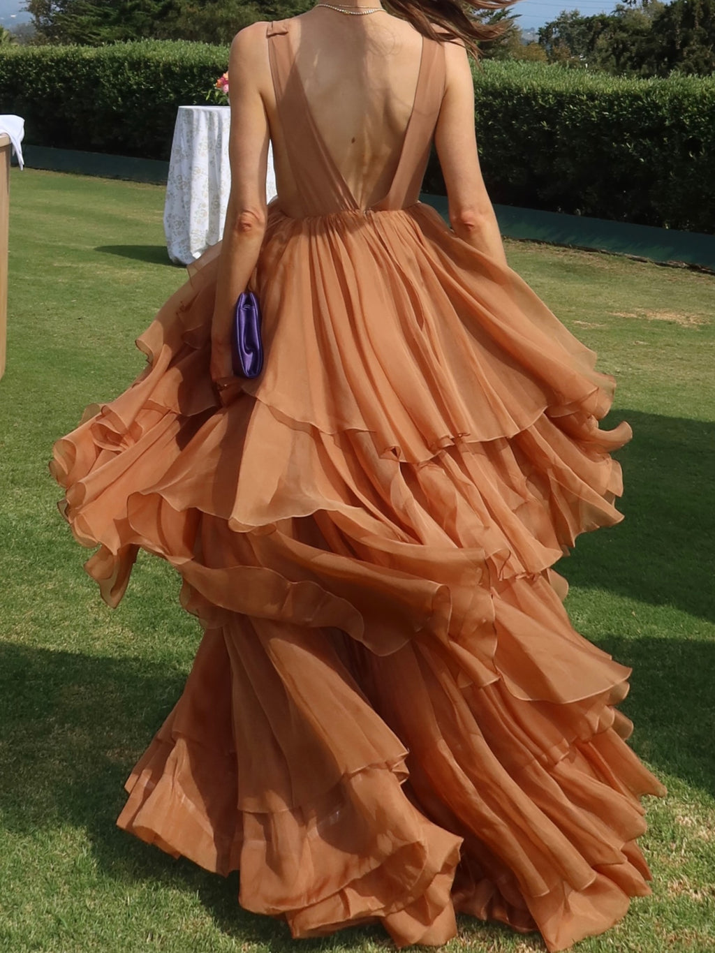 Caramel Tiered Ruffle Deep V-Neck Maxi Dress