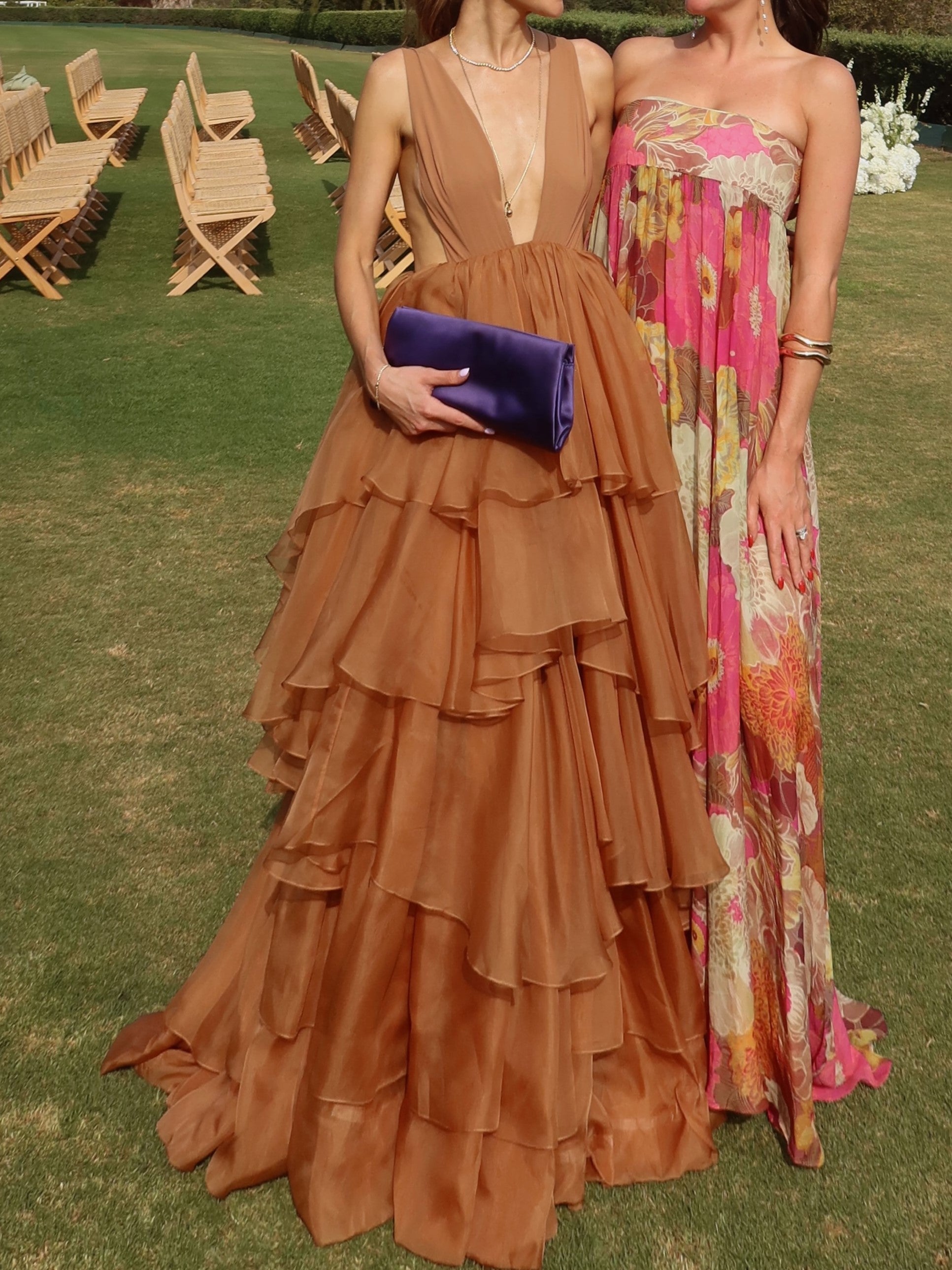 Caramel Tiered Ruffle Deep V-Neck Maxi Dress