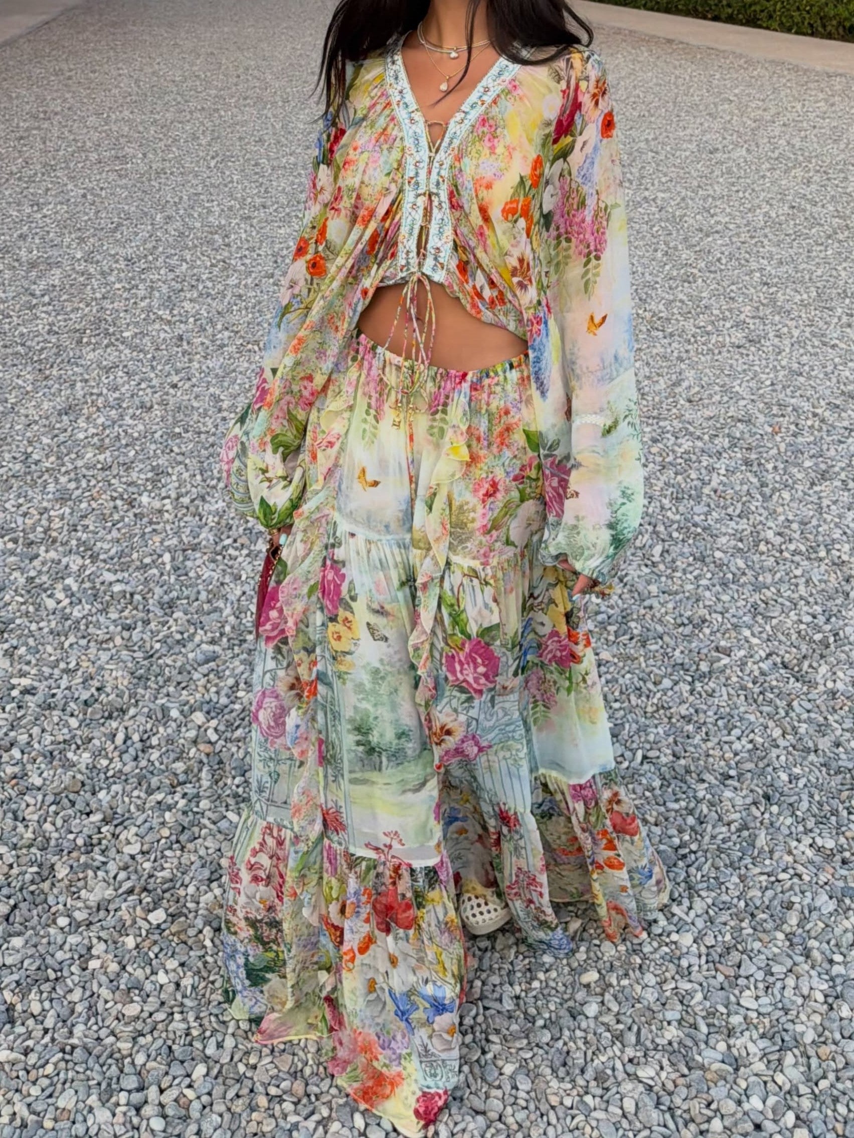 Colorful Floral Wide-Sleeve Two-Piece Maxi Set