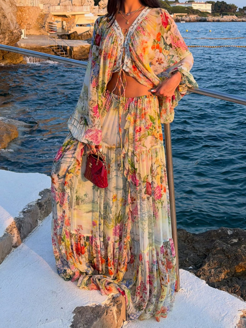Colorful Floral Wide-Sleeve Two-Piece Maxi Set