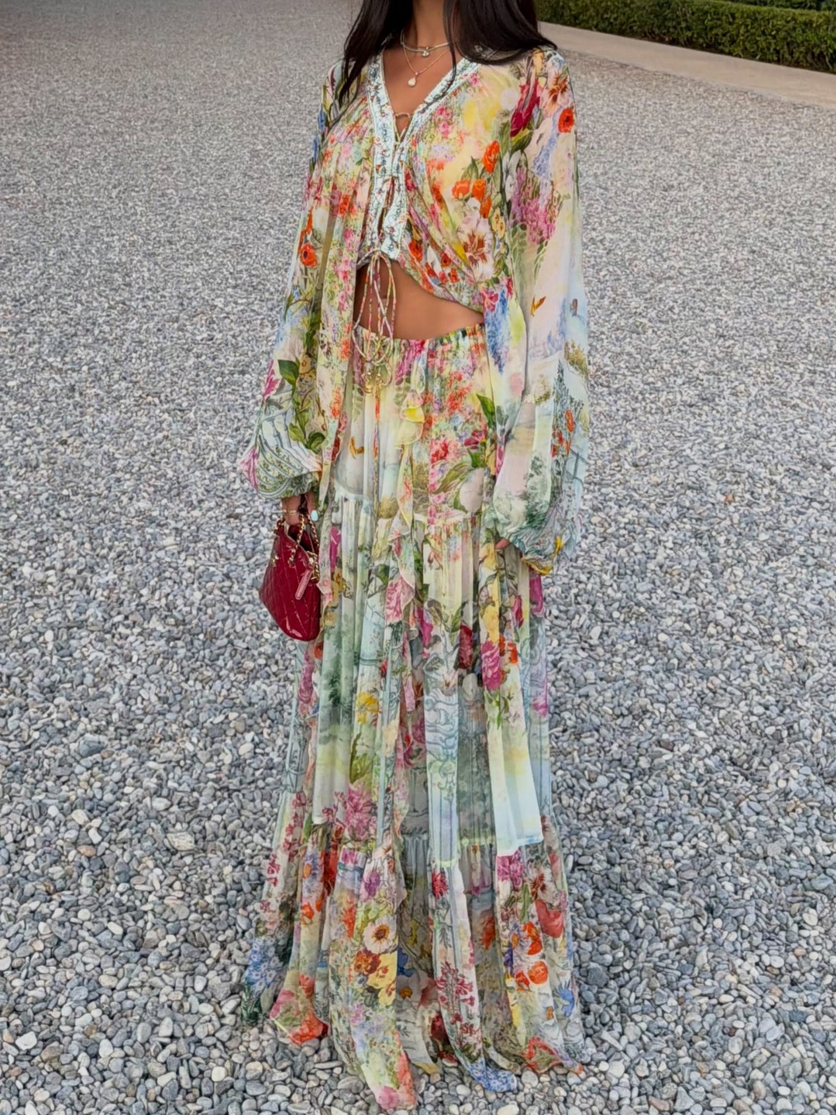 Colorful Floral Wide-Sleeve Two-Piece Maxi Set