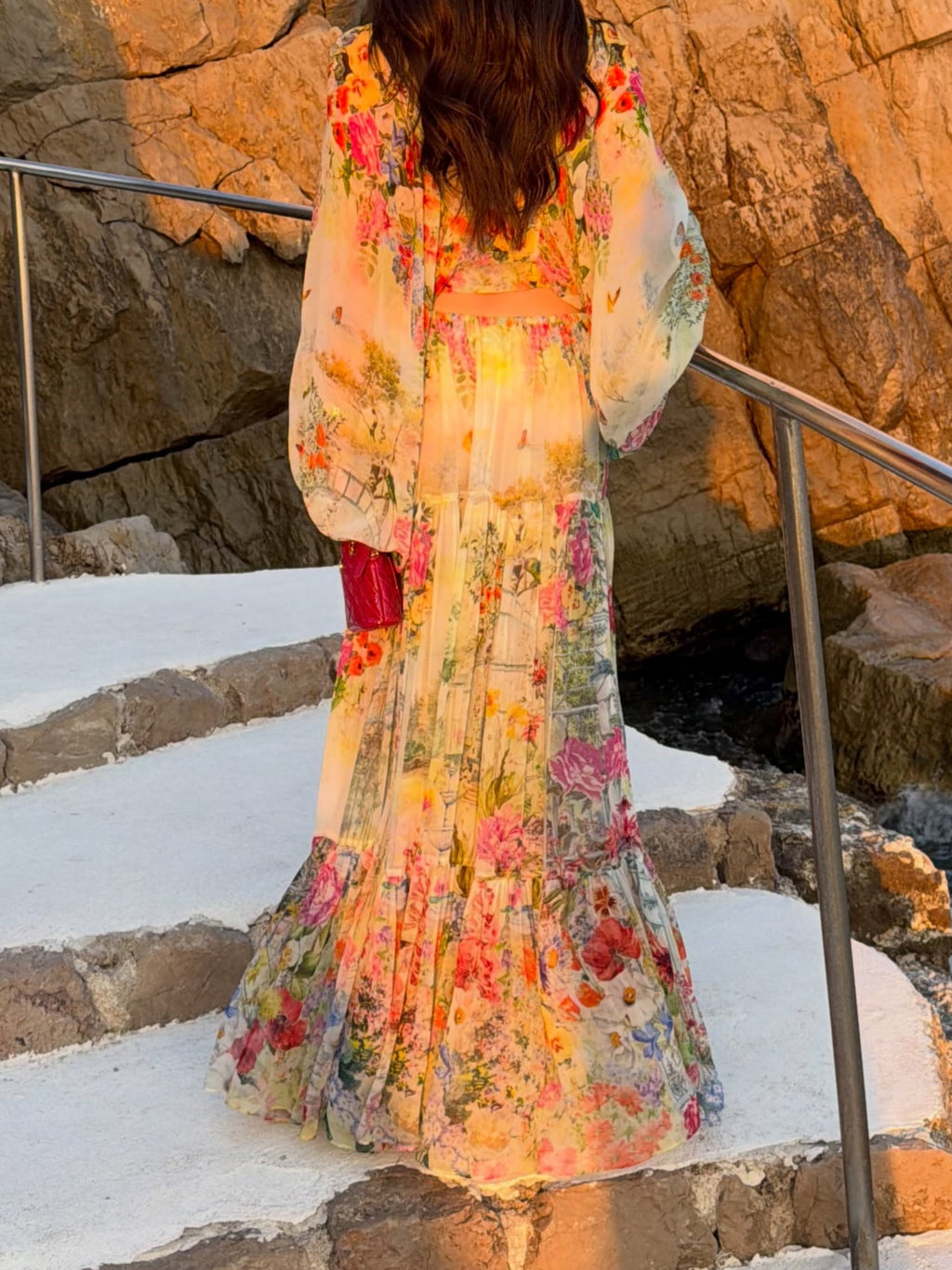 Colorful Floral Wide-Sleeve Two-Piece Maxi Set