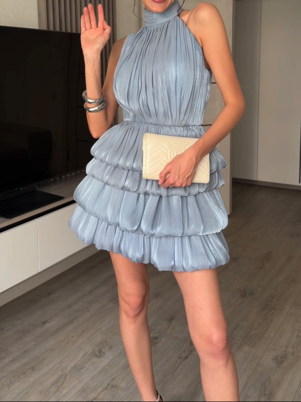 Chocolate Pleated Tiered Halter Mini Dress