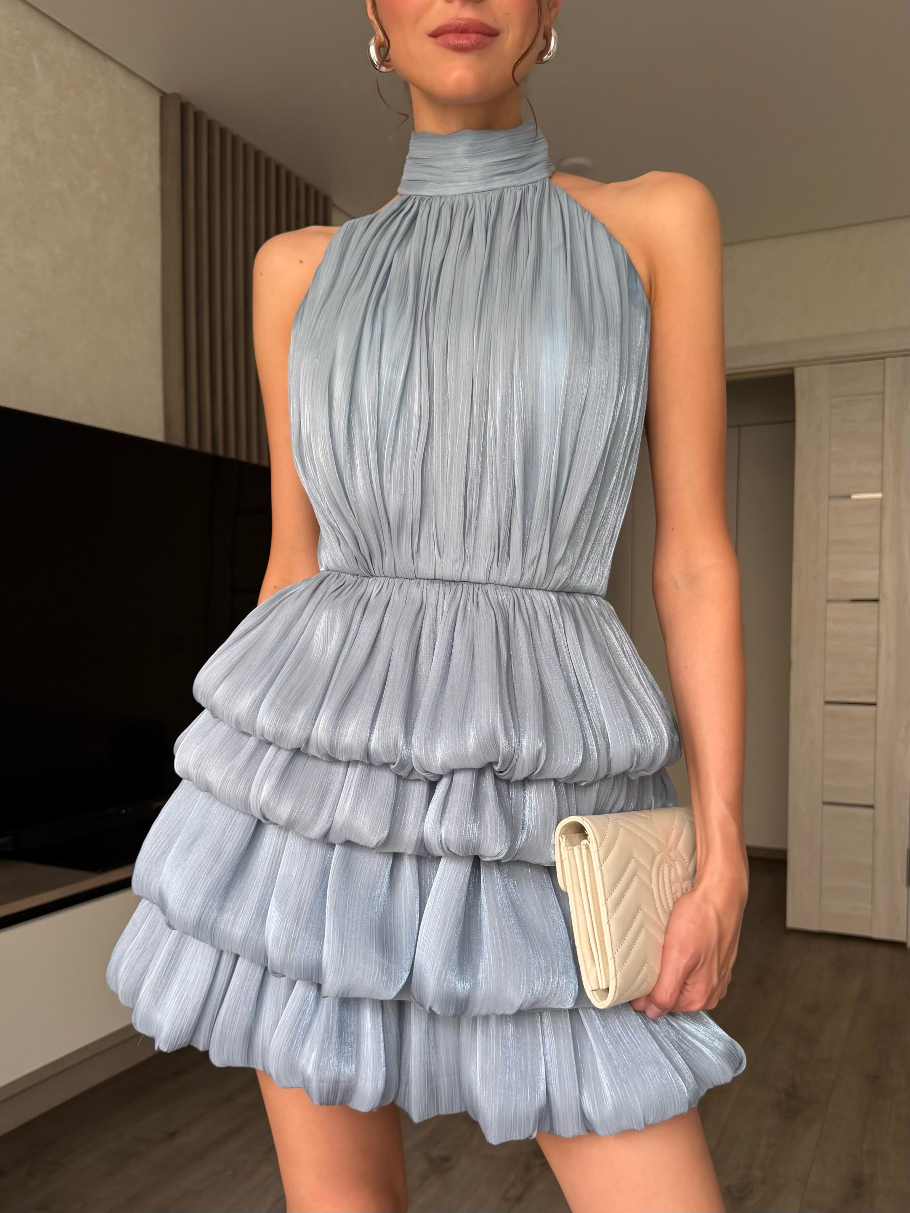 Chocolate Pleated Tiered Halter Mini Dress