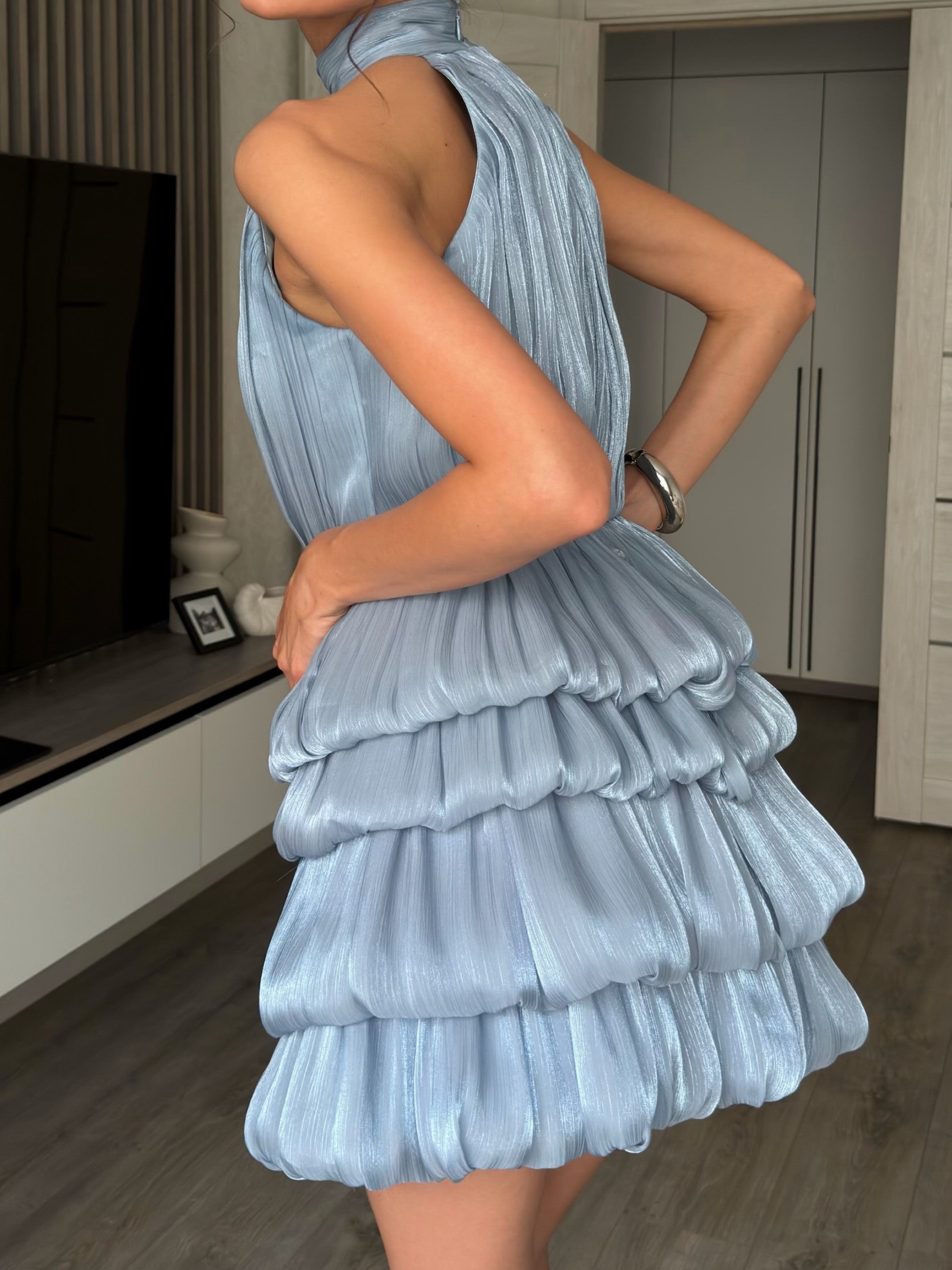Chocolate Pleated Tiered Halter Mini Dress