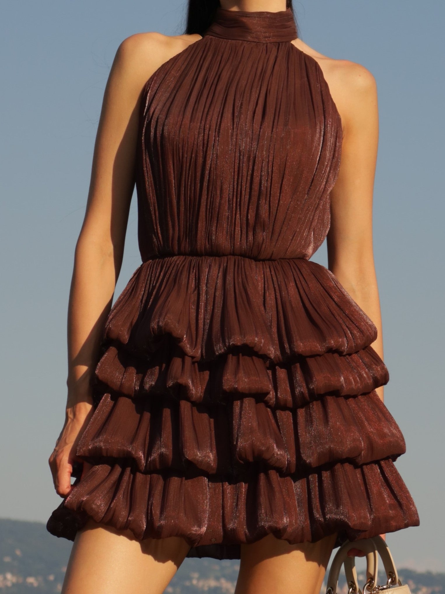 Chocolate Pleated Tiered Halter Mini Dress