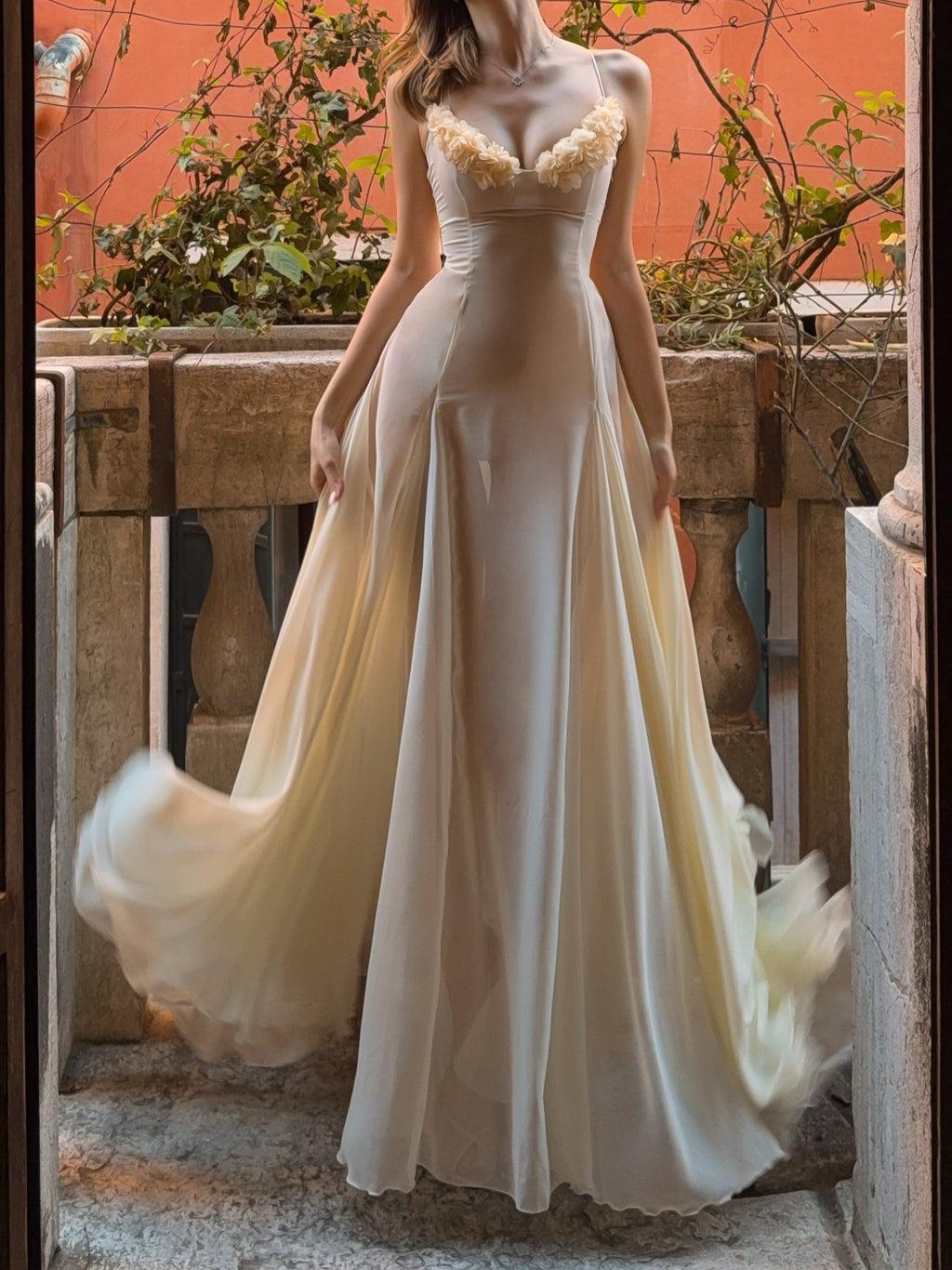 Cream Sheer Ruffle Corset Maxi Dress