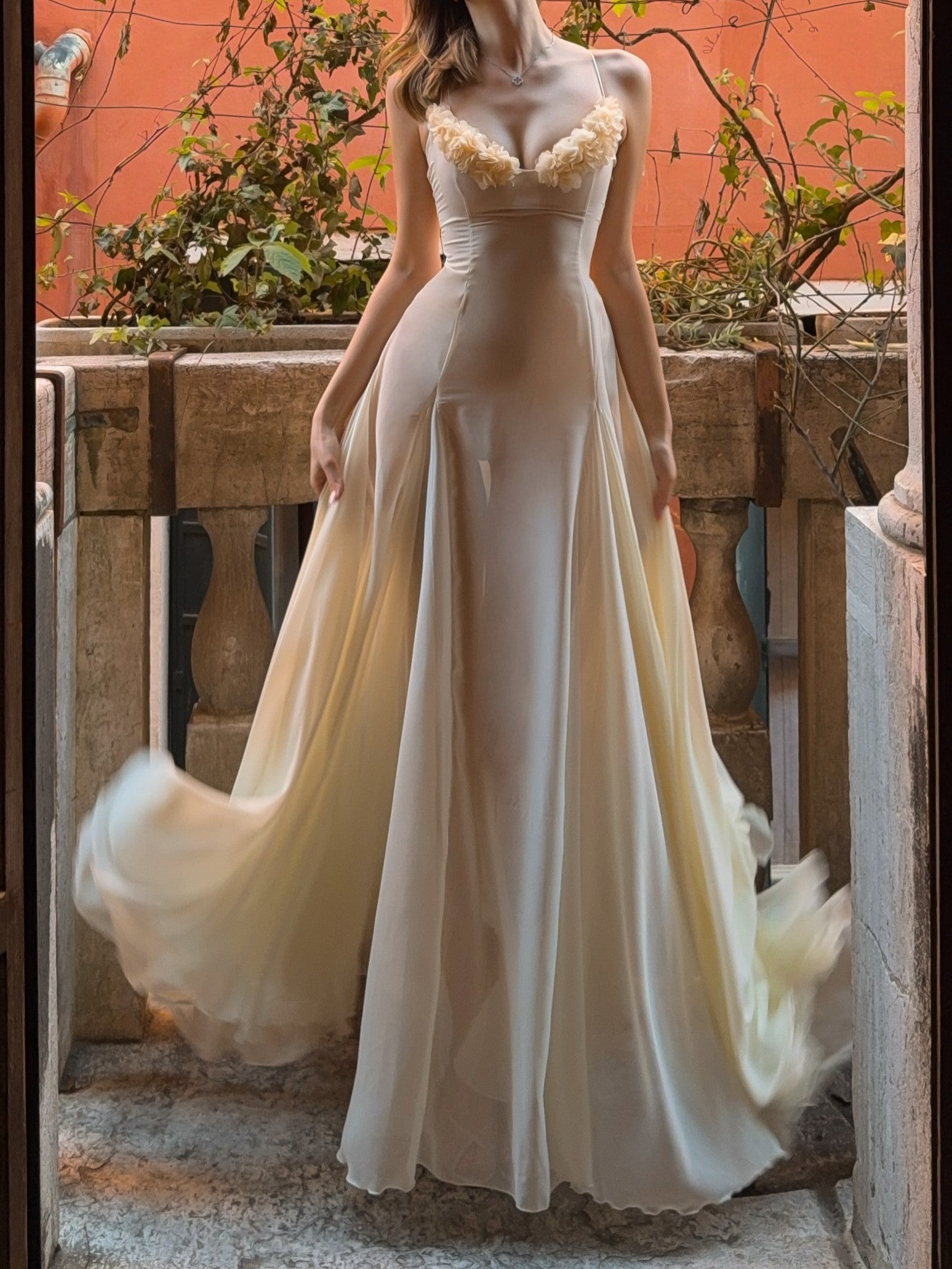 Cream Sheer Ruffle Corset Maxi Dress
