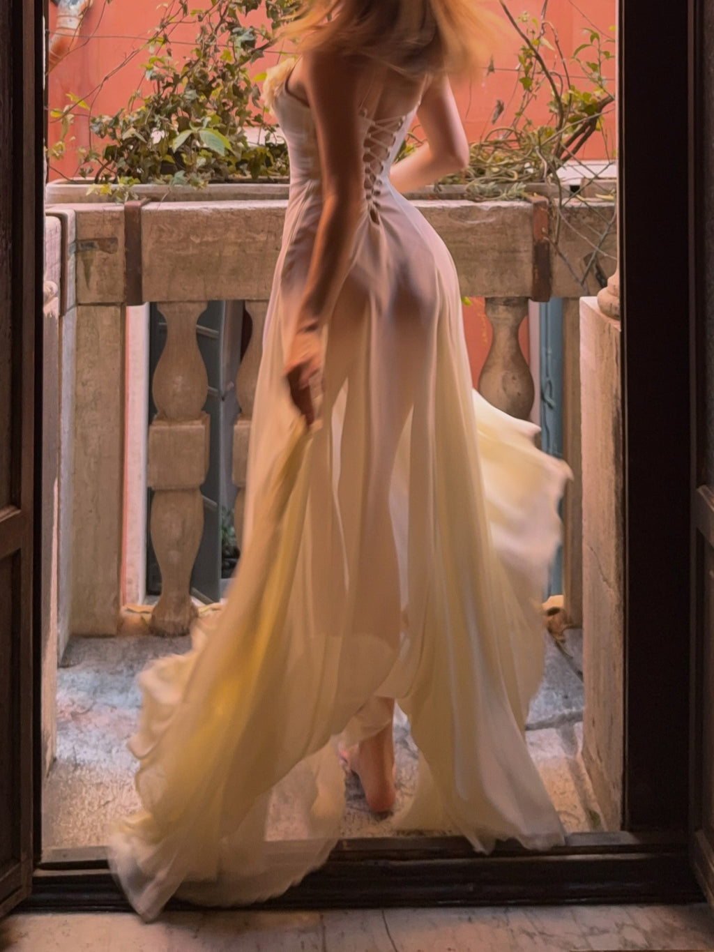 Cream Sheer Ruffle Corset Maxi Dress