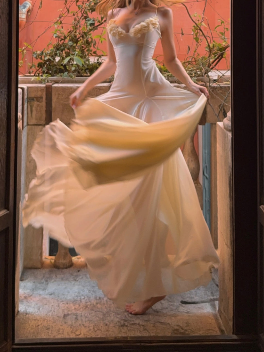 Cream Sheer Ruffle Corset Maxi Dress