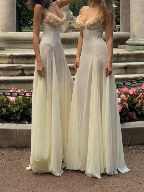 Cream Sheer Ruffle Corset Maxi Dress