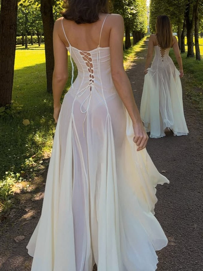 Cream Sheer Ruffle Corset Maxi Dress
