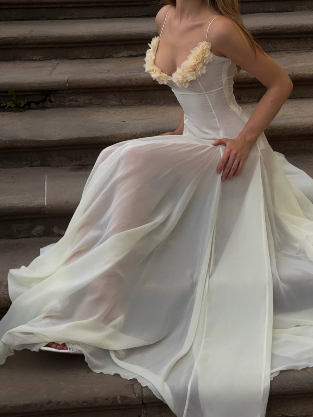 Cream Sheer Ruffle Corset Maxi Dress