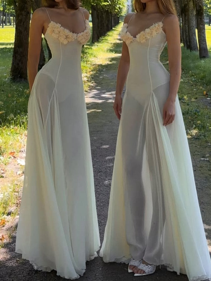 Cream Sheer Ruffle Corset Maxi Dress