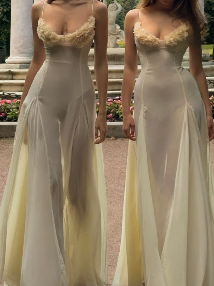 Cream Sheer Ruffle Corset Maxi Dress