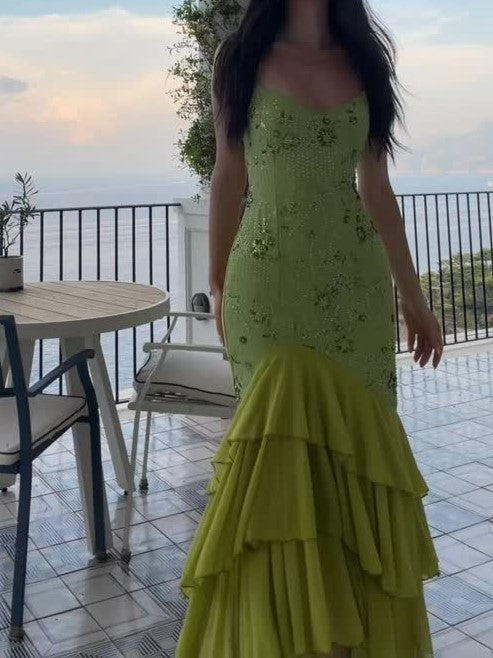 Lime Green Sequin Floral Tiered Ruffle Maxi Dress