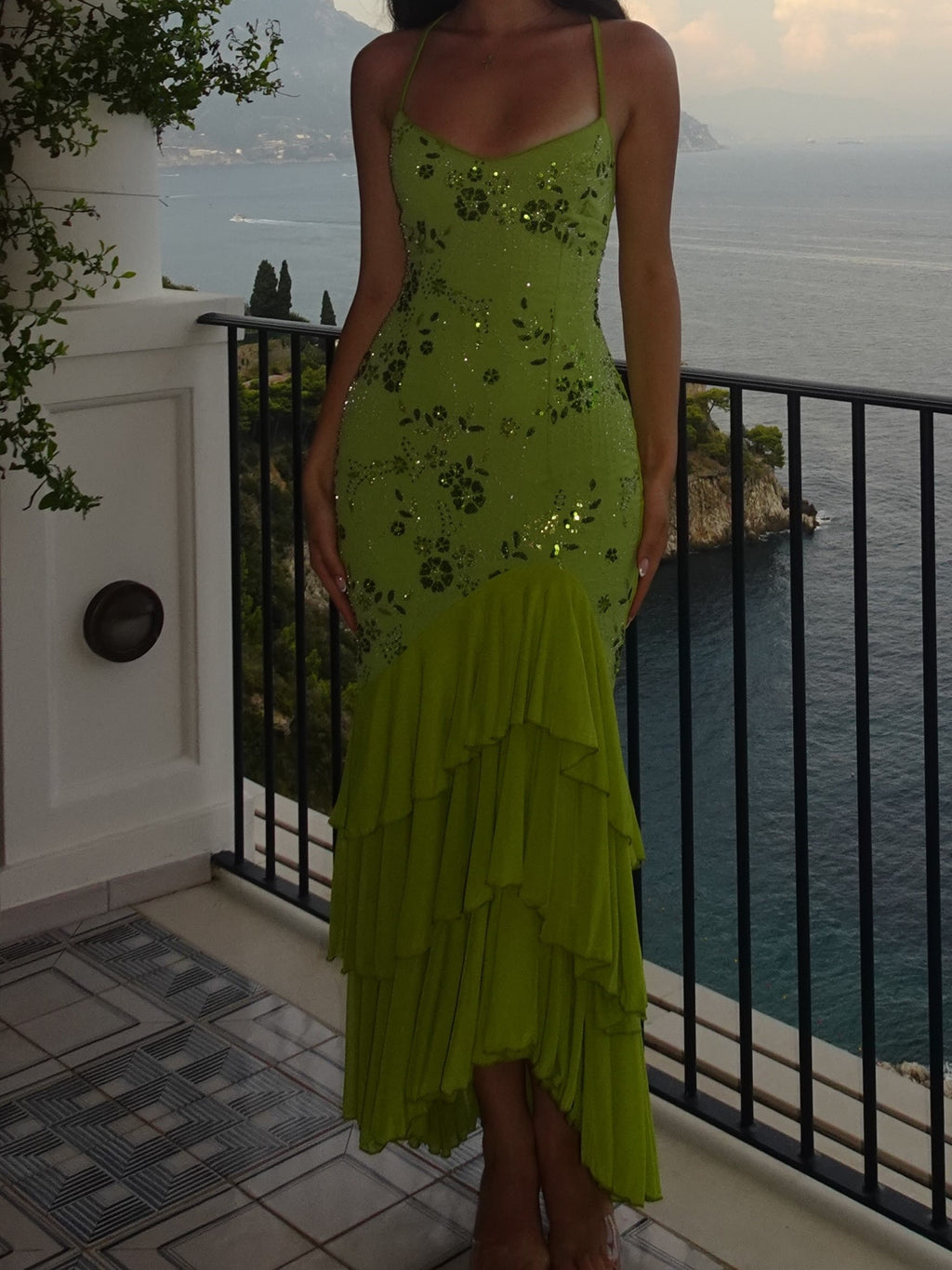Lime Green Sequin Floral Tiered Ruffle Maxi Dress
