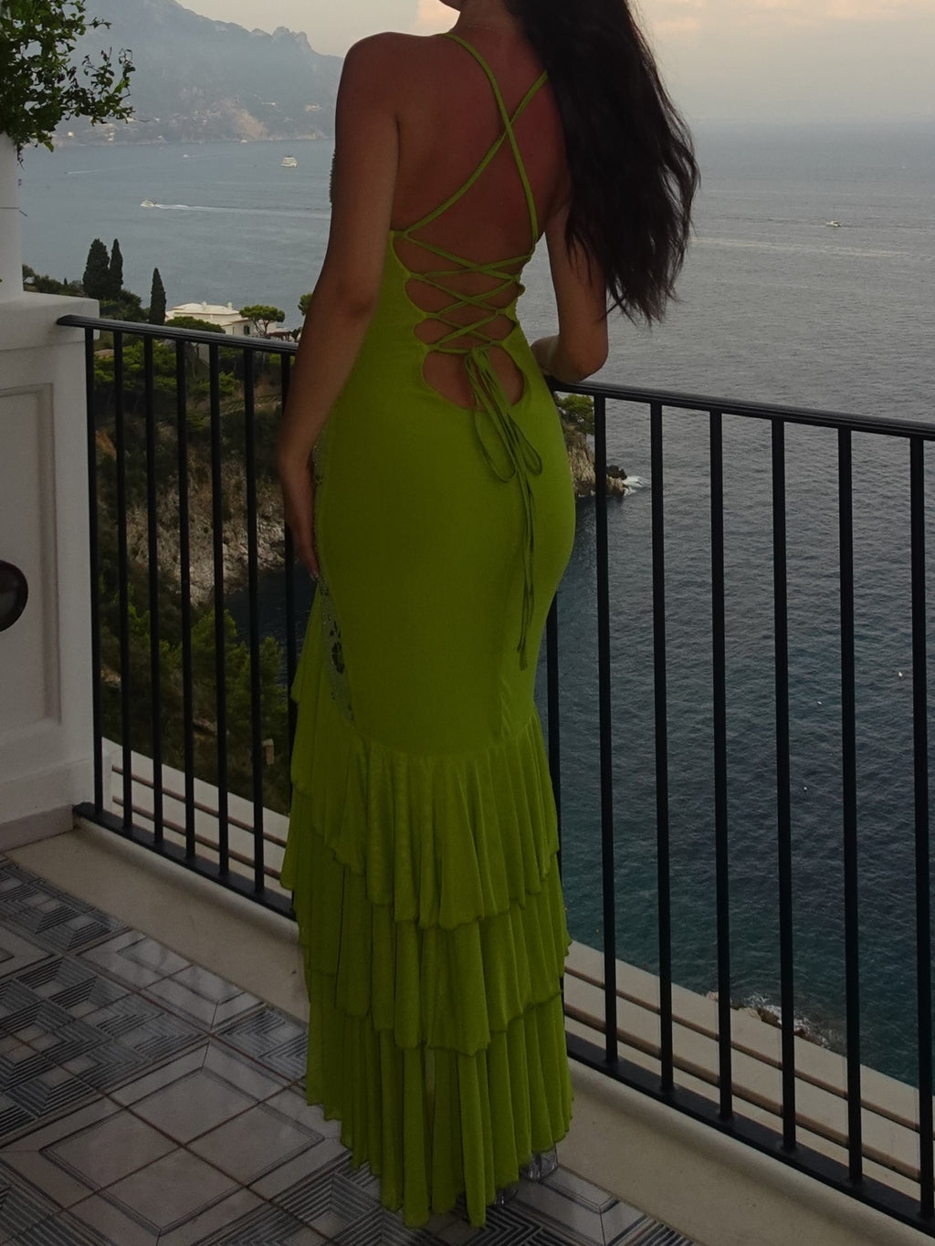 Lime Green Sequin Floral Tiered Ruffle Maxi Dress