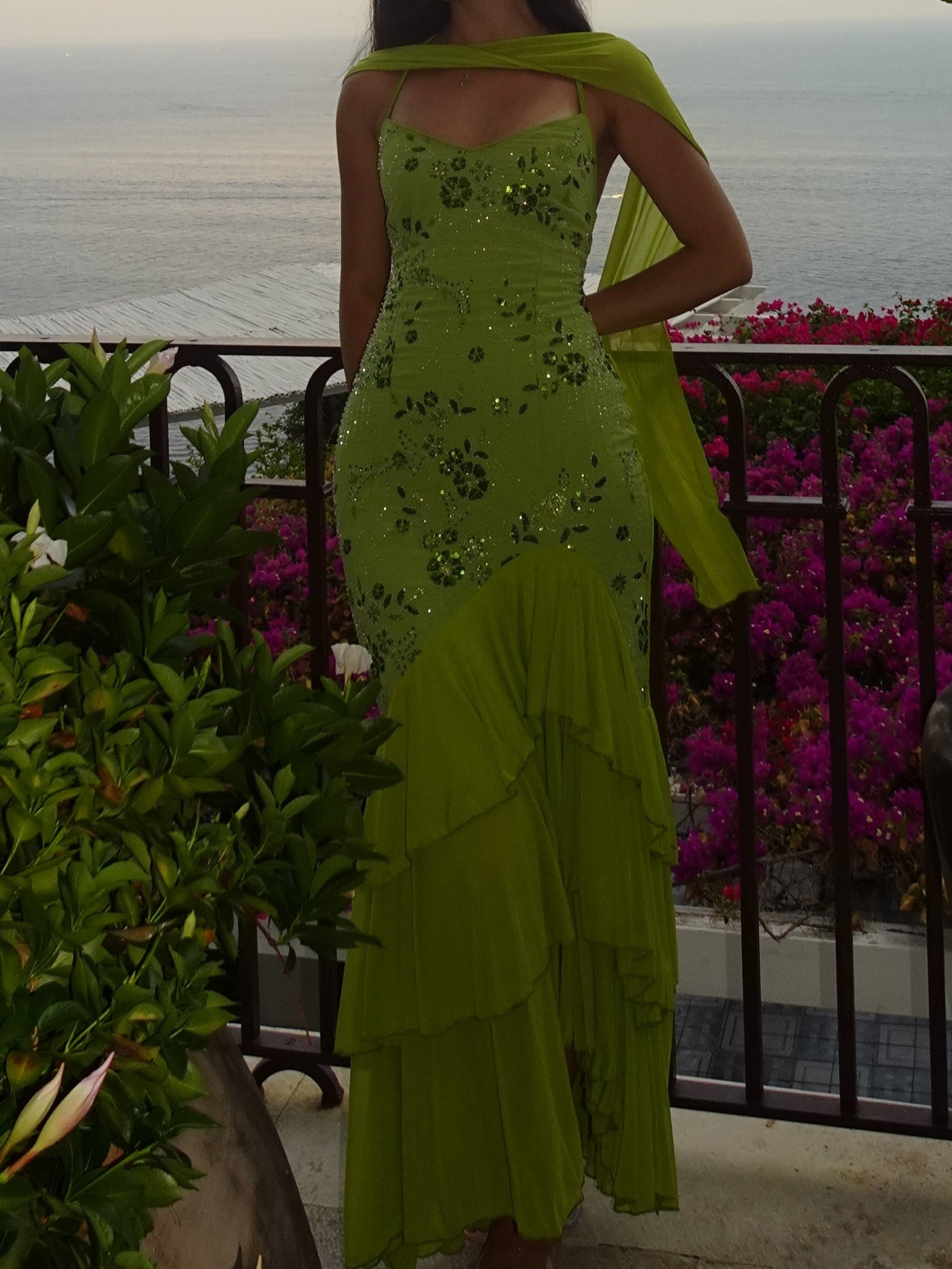 Lime Green Sequin Floral Tiered Ruffle Maxi Dress